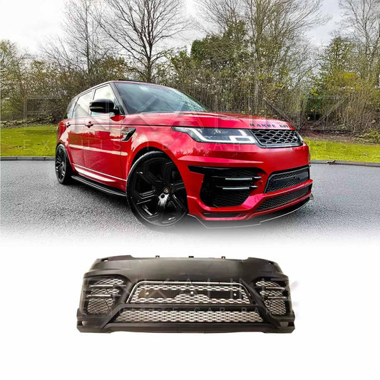 Red Range Rover Sport 2018–2022 viewed from a lower front quarter angle, equipped with the LM Style front bumper, product image displayed at the bottom.