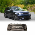 Load image into Gallery viewer, Navy blue Range Rover Sport 2018–2022 from the front quarter angle featuring the LM Style front bumper, with product image shown at the bottom.
