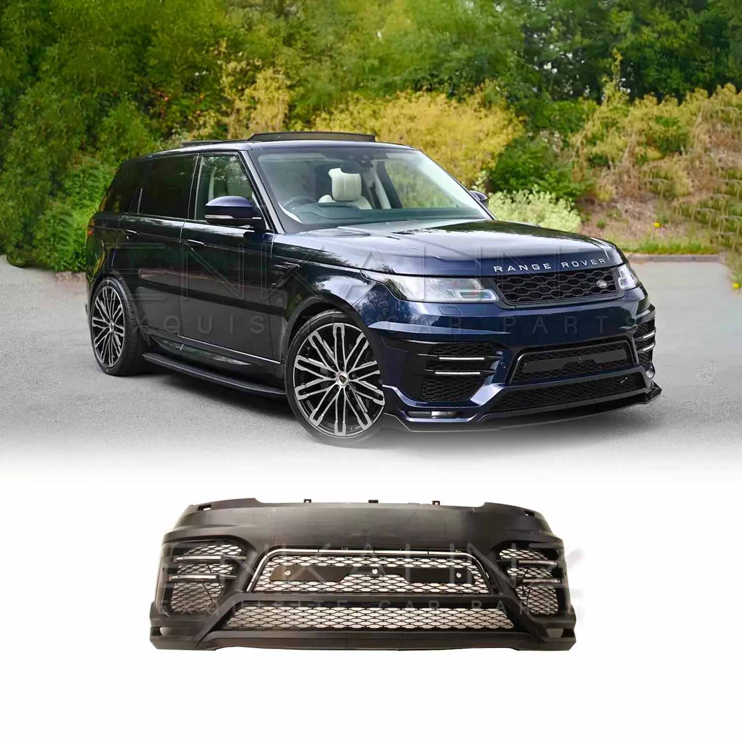 Navy blue Range Rover Sport 2018–2022 from the front quarter angle featuring the LM Style front bumper, with product image shown at the bottom.