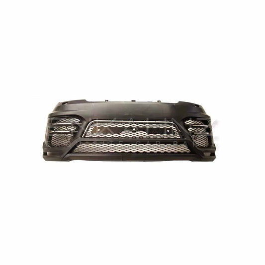 Standalone LM Style front bumper for Range Rover Sport 2018–2022, presented on a white background to showcase design and contours.
