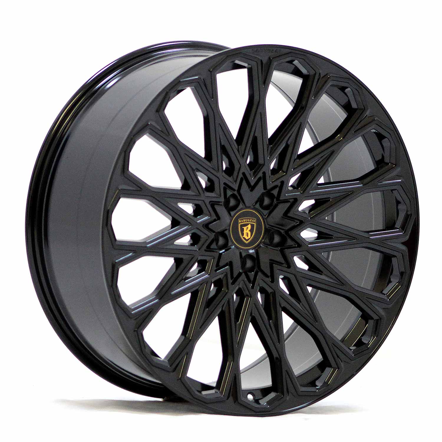 Angle shot of Barugzai Majestic 22" finished in Gloss Black, on a white background 