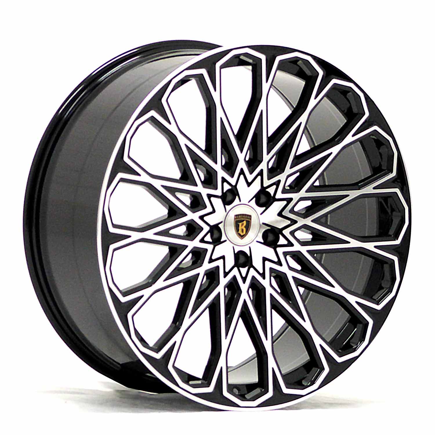 Angle shot of Barugzai Majestic 22" finished in Gloss Black Polished Face, on a white background 