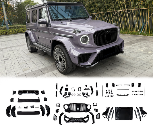 MAYBACH STYLE BODYKIT FOR G WAGON W464 2018+ G63|G500 in Front Quarer View with Front Bumper, Rear Bumper, Centre Grille, Wheel Arches (x4), Headlight Covers (x2), Bonnet, Front Wings (x2), Door Strips,, Side Skirts (x2), Exhausts (x2) and Carbon Spoilers in the bottom of the advert with a white background.