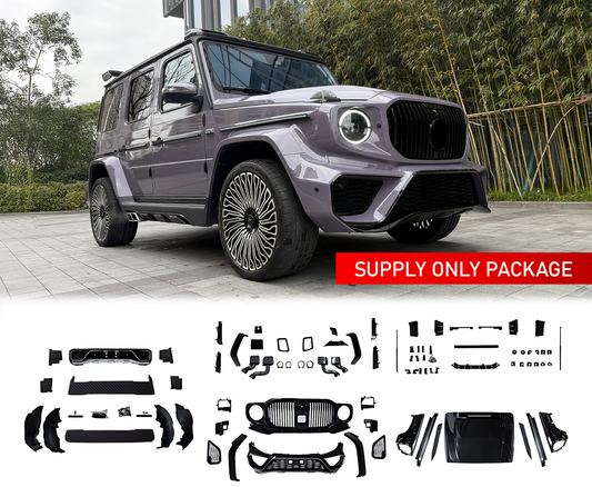 MAYBACH STYLE BODYKIT FOR G WAGON W464 2018+ G63|G500 in Front Quarter View with Front Bumper, Rear Bumper, Centre Grille, Wheel Arches (x4), Headlight Covers (x2), Bonnet, Front Wings (x2), Door Strips,, Side Skirts (x2), Exhausts (x2) and Carbon Spoilers in the bottom of the advert with a white background. There is a rectangle box in red that says supply only package. 