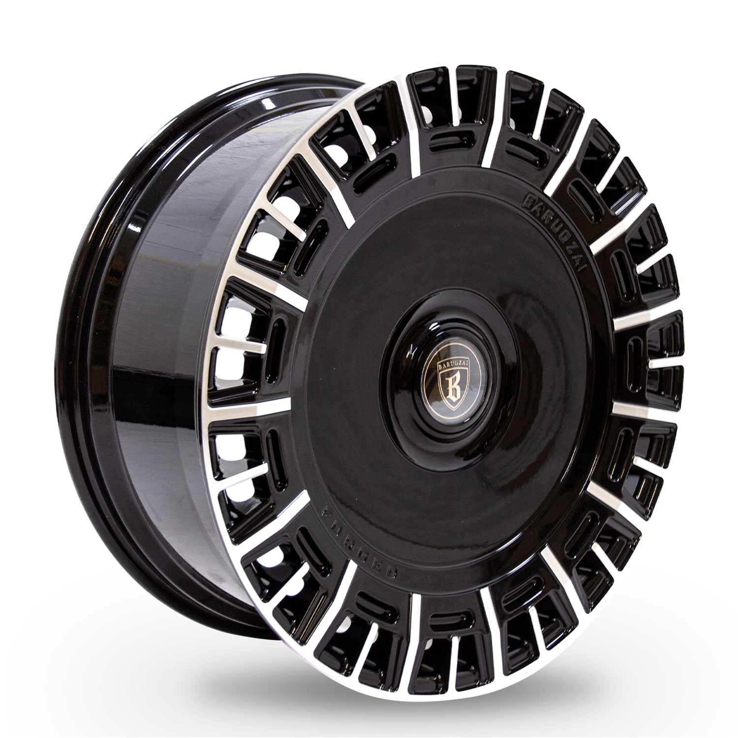 Angle shot of Barugzai Monoblok 22" finished in Gloss Black Polished Face, on a white background 