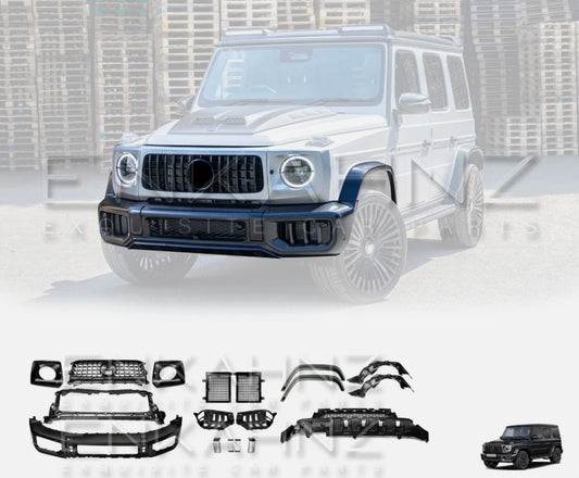 Mercedes-Benz G Wagon facelift conversion parts front bumper with Enkahnz branding in a white background.