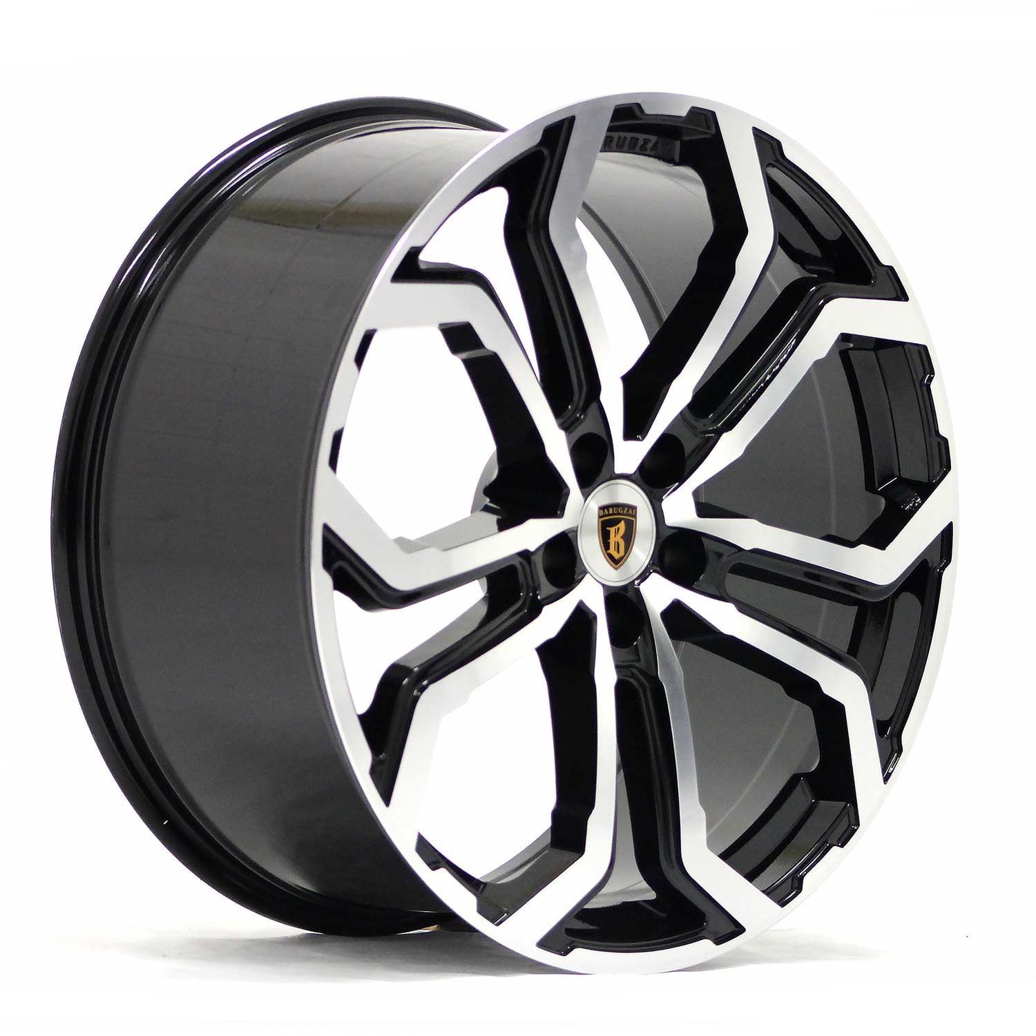 Angle shot of Barugzai Opium 22" finished in Gloss Black Polished Face, on a white background 