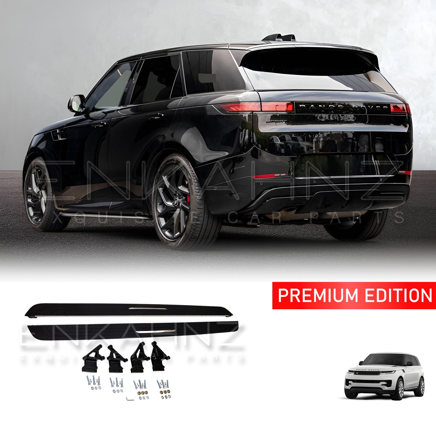 Range Rover Sport 2022 rear quarter angle highlighting side steps profile, with the side step product lineup at the bottom on white.