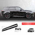 Load image into Gallery viewer, Range Rover Sport 2022 side profile focusing on installed side steps, with matching product images at the bottom on a white background.
