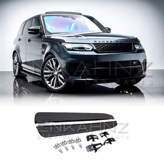 Gloss black Range Rover Sport SVR L494, front quarter angle, showing fitted side steps with product thumbnails aligned along the bottom.