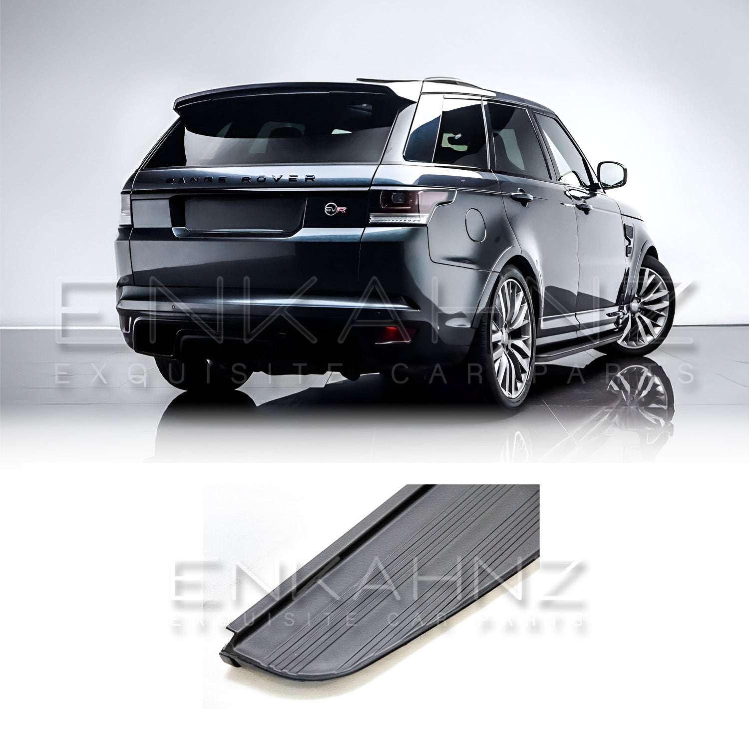 Range Rover Sport SVR L494 rear quarter angle, close‑up toward the front showing side step detailing, brackets, and trim finish.