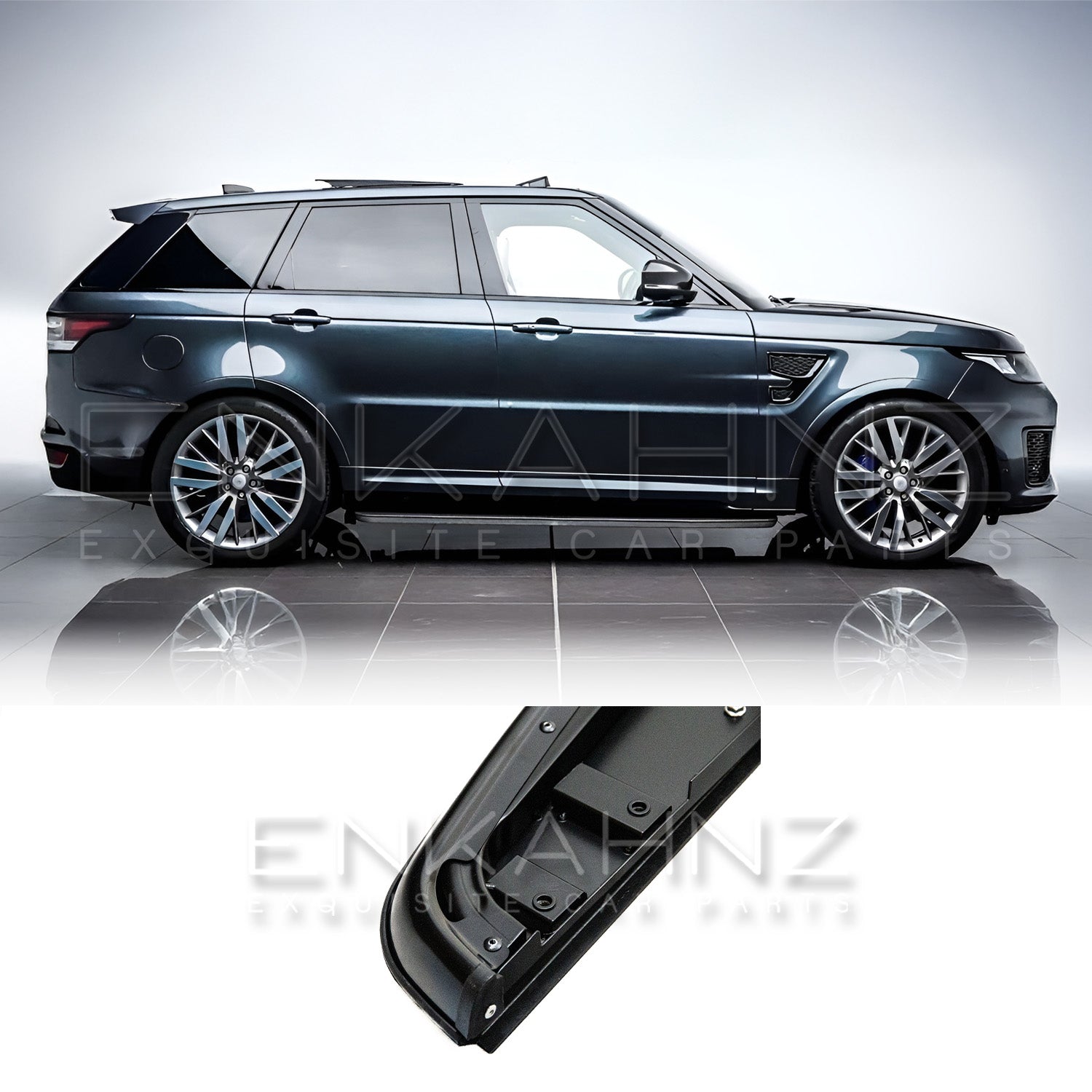 Range Rover Sport SVR L494 full side profile, plus rear‑angle close‑up of the side step highlighting tread pattern and end cap.