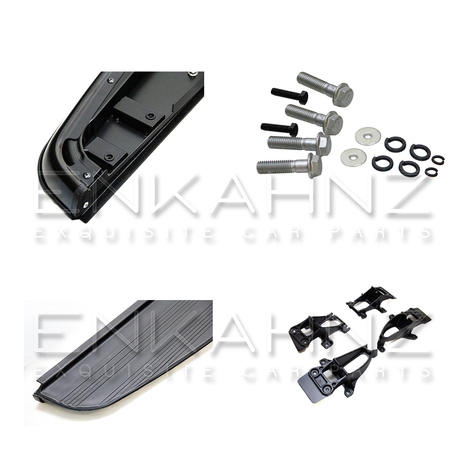 Four cut‑out images of the side step kit on white: boards, brackets, fitting nuts/bolts, and end caps for detail clarity.