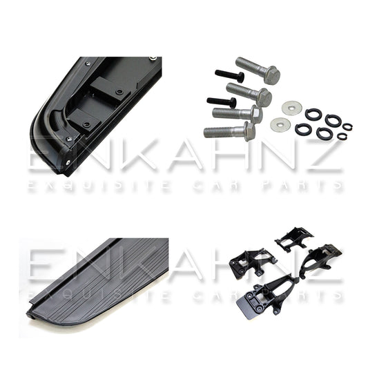 Four cut‑out images of the side step kit on white: boards, brackets, fitting nuts/bolts, and end caps for detail clarity.