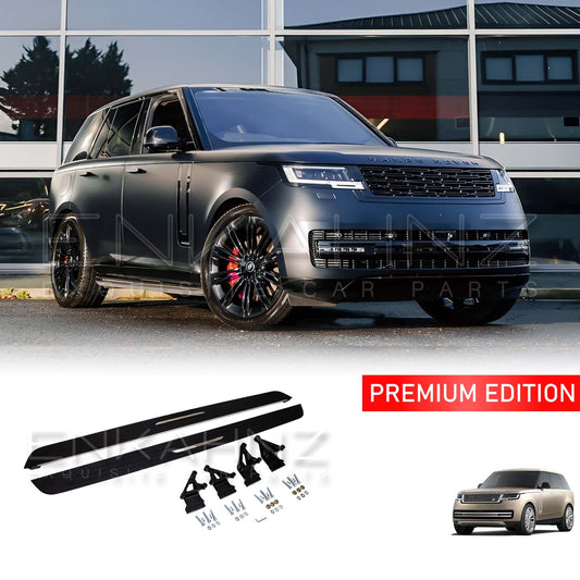 Range Rover Vogue L460 2023 in matte black, front quarter angle with fitted side steps; product images aligned along the bottom on a clean white background.