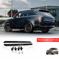 Load image into Gallery viewer, Range Rover Vogue L460 2023 rear quarter angle highlighting side steps profile, with matching side step product thumbnails at the bottom on white.

