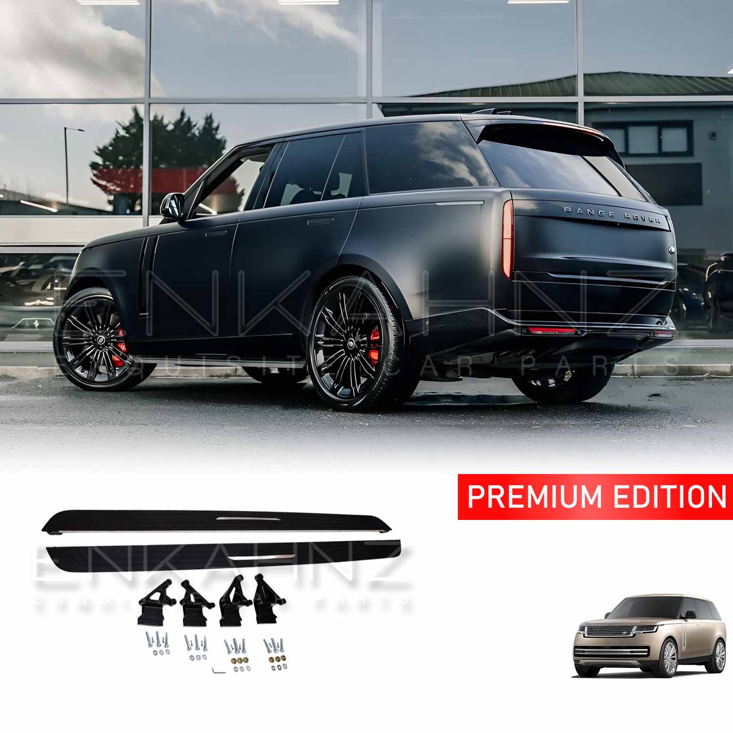 Range Rover Vogue L460 2023 rear quarter angle highlighting side steps profile, with matching side step product thumbnails at the bottom on white.