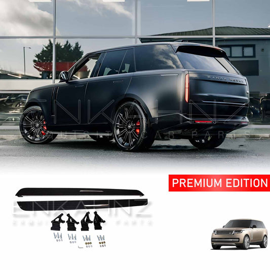 Range Rover Vogue L460 2023 rear quarter angle highlighting side steps profile, with matching side step product thumbnails at the bottom on white.