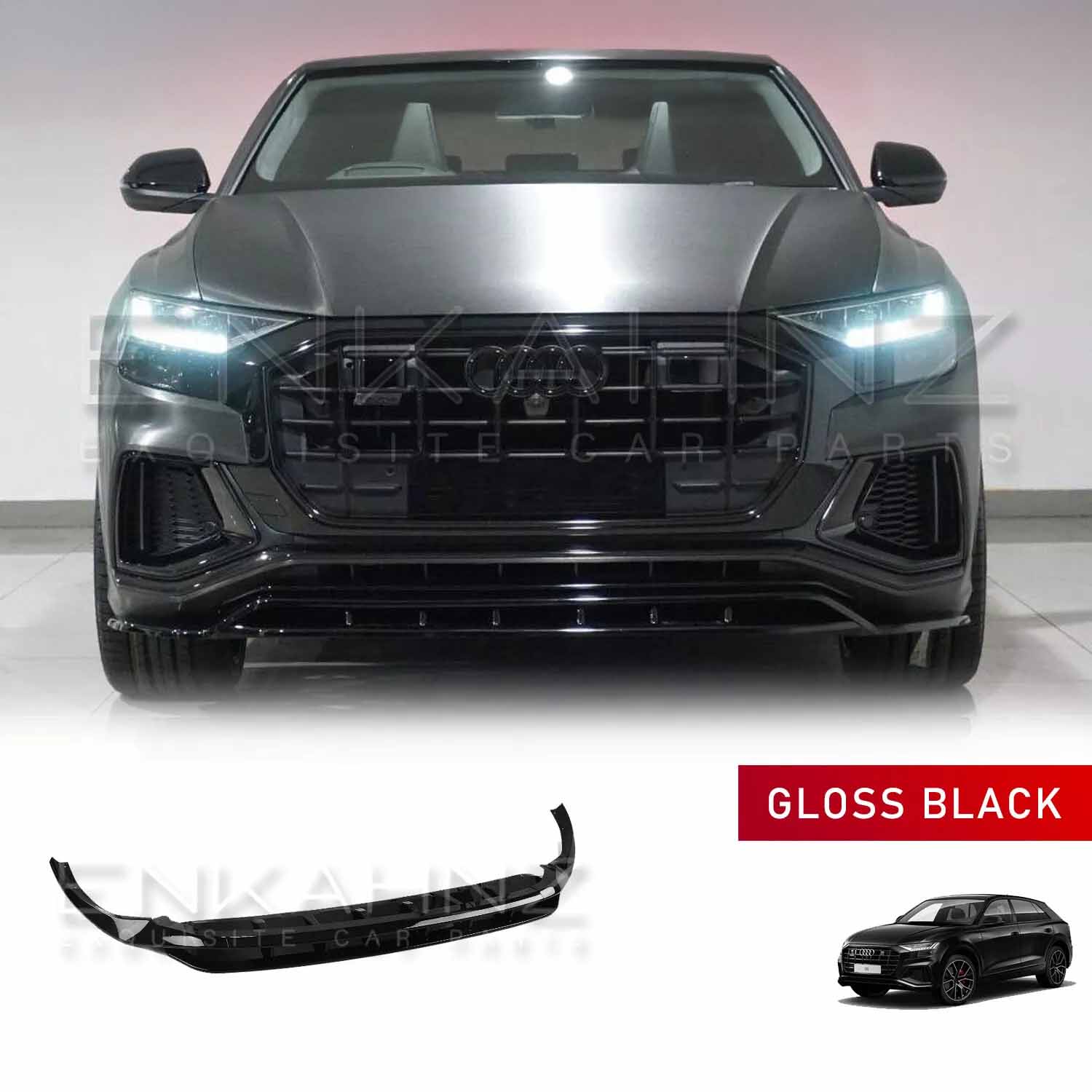 Enkahnz front splitter made to fit Audi Q8 2018+ on grey Audi Q8, front-facing low studio angle; product packshot shown at bottom.