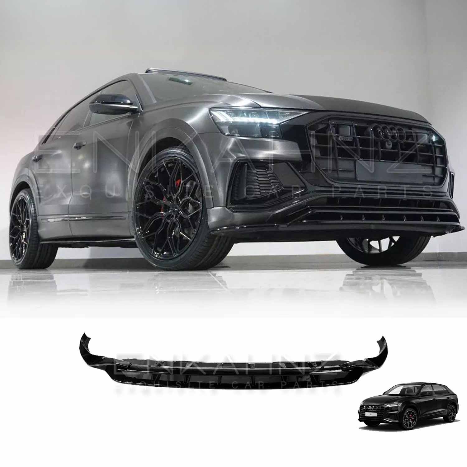 Grey Audi Q8 front-quarter lower view showcasing Enkahnz 2018+ Q8 front splitter; product image displayed at bottom