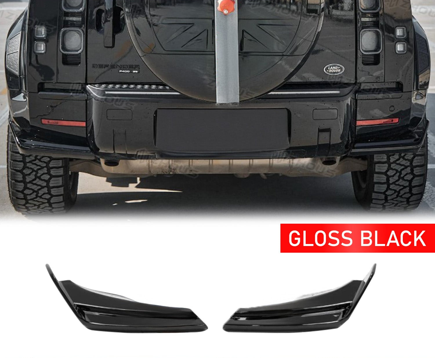 Gloss black Rear Canards for the  DEFENDER 90/110/130 L663 (2020+) In the top with front view of the product on a white background in the bottom.