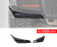 Load image into Gallery viewer, Rear Close Up of the Gloss black Rear Canards for the  DEFENDER 90/110/130 L663 (2020+) In the top, that has an opaque white background highlighting the products, with a rear quarter view of the product on a white background in the bottom.
