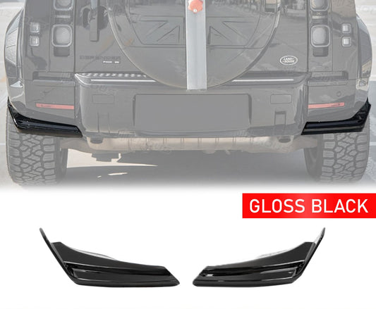 Gloss black Rear Canards for the  DEFENDER 90/110/130 L663 (2020+) In the top, that has an opaque white background highlighting the products, with a front view of the product on a white background in the bottom.