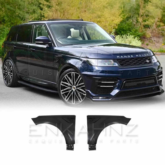 Front quarter view of a dark navy blue Range Rover Sport (2013-2017) parked in a park, fitted with ENKAHNZ wings; product images of the wings shown at the bottom for reference.