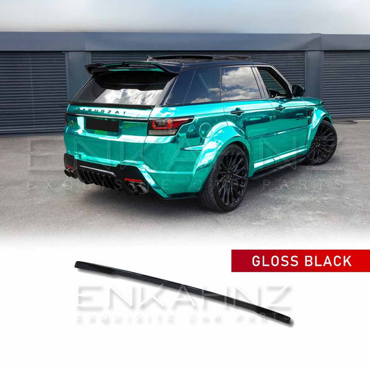 Rear quarter view of a turquoise green Range Rover Sport 2013 with Barugzai bodykit, featuring the ENKAHNZ mid boot spoiler fitted, and the product image shown at the bottom.