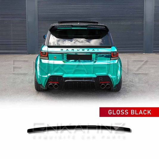 Rear view of a Range Rover Sport 2013 showcasing the ENKAHNZ mid boot spoiler installed, accompanied by the product image at the bottom.