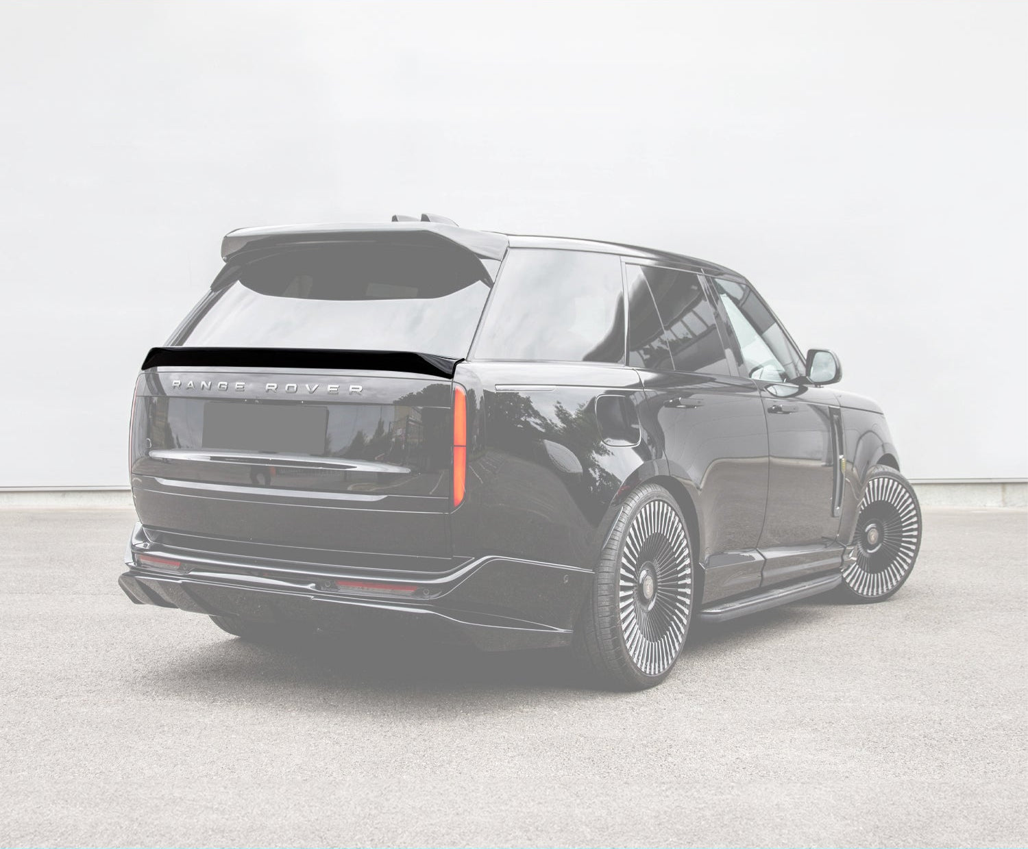 Black Range Rover Vogue L460 2022+ Mid Boot Spoiler with an Opaque White overlay on a grey background. 