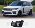 Load image into Gallery viewer, ENKAHNZ SVO front bumper fitted on white Range Rover Vogue 2018–2022 front quarter view
