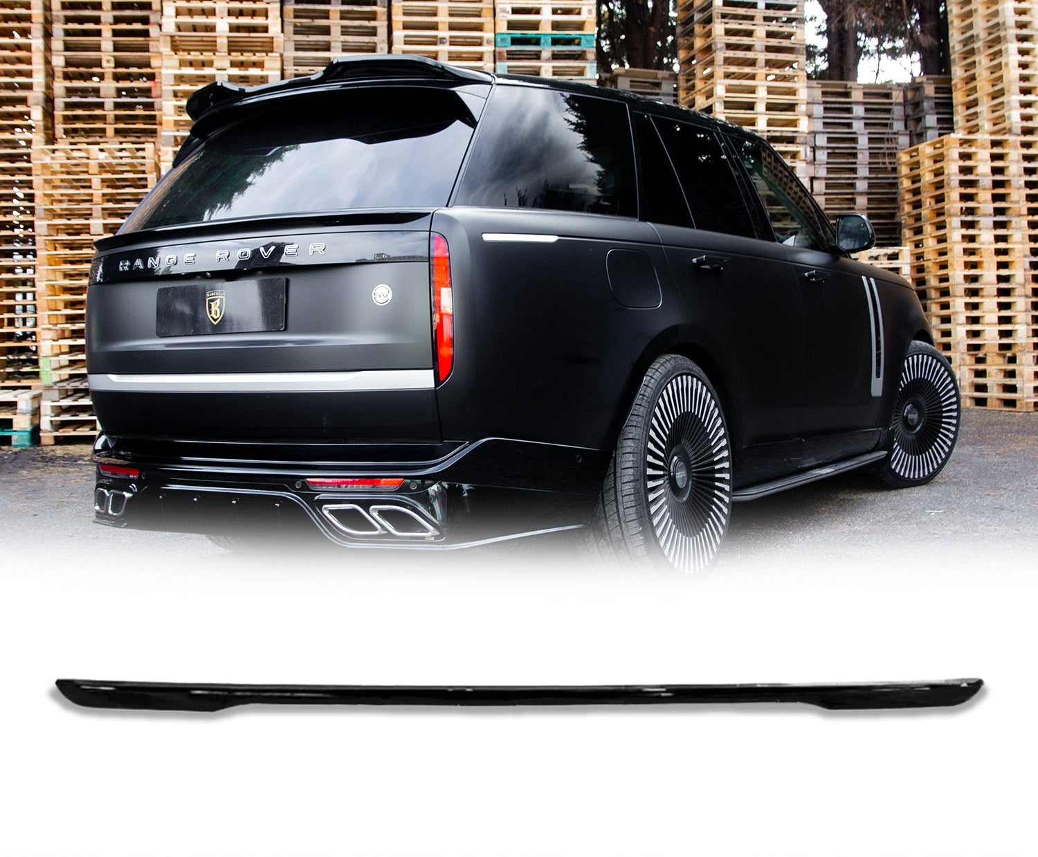 Rear Quarter Close up of a gloss black range rover vogue L460 2022+ in a warehouse background with the mid boot spoiler placed in the bottom in front of a white background with Barugzai Branding.