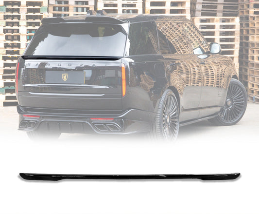 Rear Quarter Close up of a gloss black range rover vogue L460 2022+ mid boot spoiler in an opaque white warehouse background with the roof spoiler placed in the bottom in front of a white background with Barugzai Branding.
