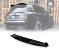 Load image into Gallery viewer, Rear Quarter Close up of a gloss black range rover vogue L460 2022+ roof spoiler in an opaque white warehouse background with the roof spoiler placed in the bottom in front of a white background with Barugzai Branding.
