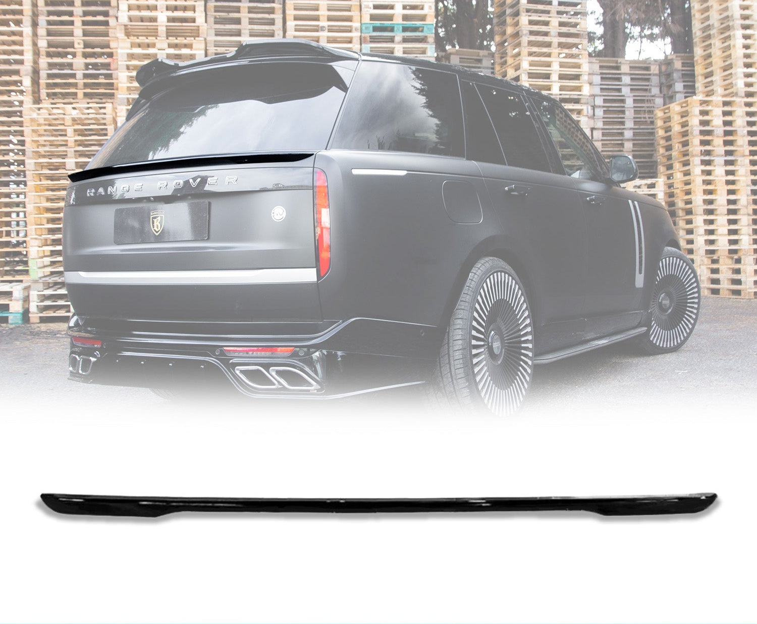 Rear Quarter Close up of a gloss black range rover vogue L460 2022+ roof spoiler in an opaque white warehouse background with the mid boot spoiler placed in the bottom in front of a white background with Barugzai Branding.