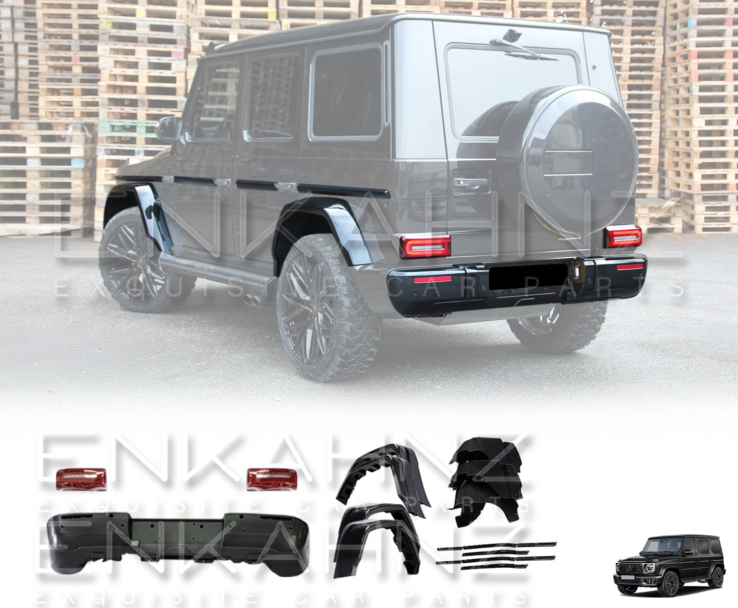 Black Mercedes-Benz G Wagon with Enkahnz W463 2008-17 TO W465 G63 2025 Bodykit highlighted with an opaque white background. The items of the body kit are the Front Bumper, Rear Bumper, Centre Grille, Wheel Arches (x4), Headlight Covers (x2), Bonnet, Rear lights cover (x2), Mirrors (x2), Front Headlamps (x2), Front Wings (x2), Door Strips and 'Enkahnz' branding with a background of a warehouse.
