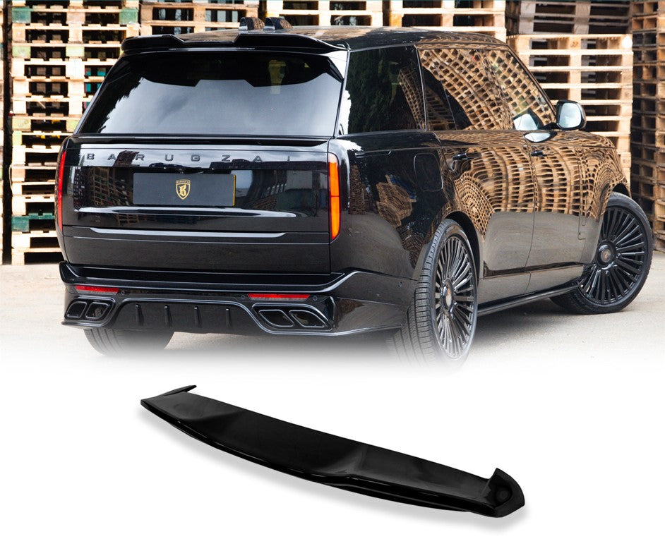 Close up of a gloss black range rover vogue L460 2022+ in a warehouse background with the roof spoiler placed in the bottom in front of a white background with Barugzai Branding.