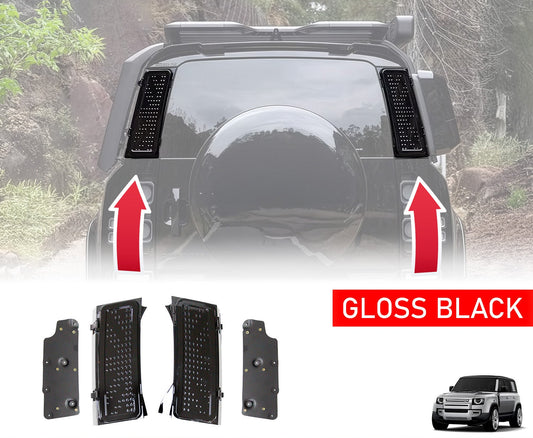 Rear View of a Land Rover Defender with the D-Pillar External Storage Box and the product in the bottom with a white background behind it. There are two red arrows that point towards the item on the rear of the vehicle with an opaque background to highlight the product. 