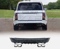 Load image into Gallery viewer, White Range Rover Vogue L405 rear view in outdoor setting with SVO style rear bumper, product image of rear bumper shown on white background below.

