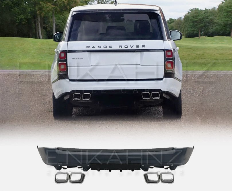 White Range Rover Vogue L405 rear view in outdoor setting with SVO style rear bumper, product image of rear bumper shown on white background below.