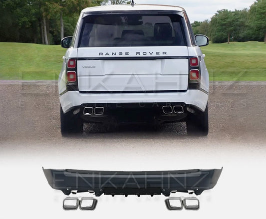 White Range Rover Vogue L405 rear view in outdoor setting with SVO style rear bumper, product image of rear bumper shown on white background below.
