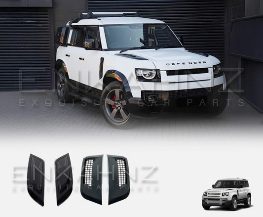 White Land Rover Defender 90/110 2020+ in a garage setting with the parts displayed below on a white background