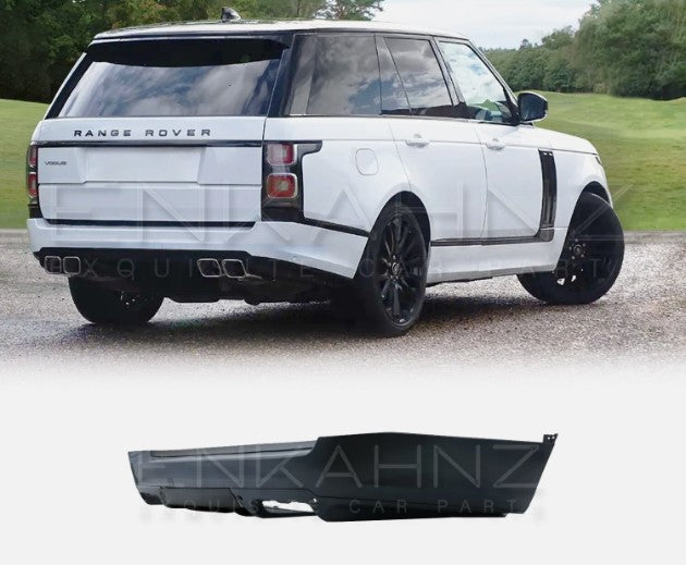 Rear quarter view of white Range Rover Vogue L405 fitted with SVO style rear bumper, rear bumper product image on white background