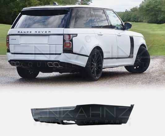 Rear quarter view of white Range Rover Vogue L405 fitted with SVO style rear bumper, rear bumper product image on white background