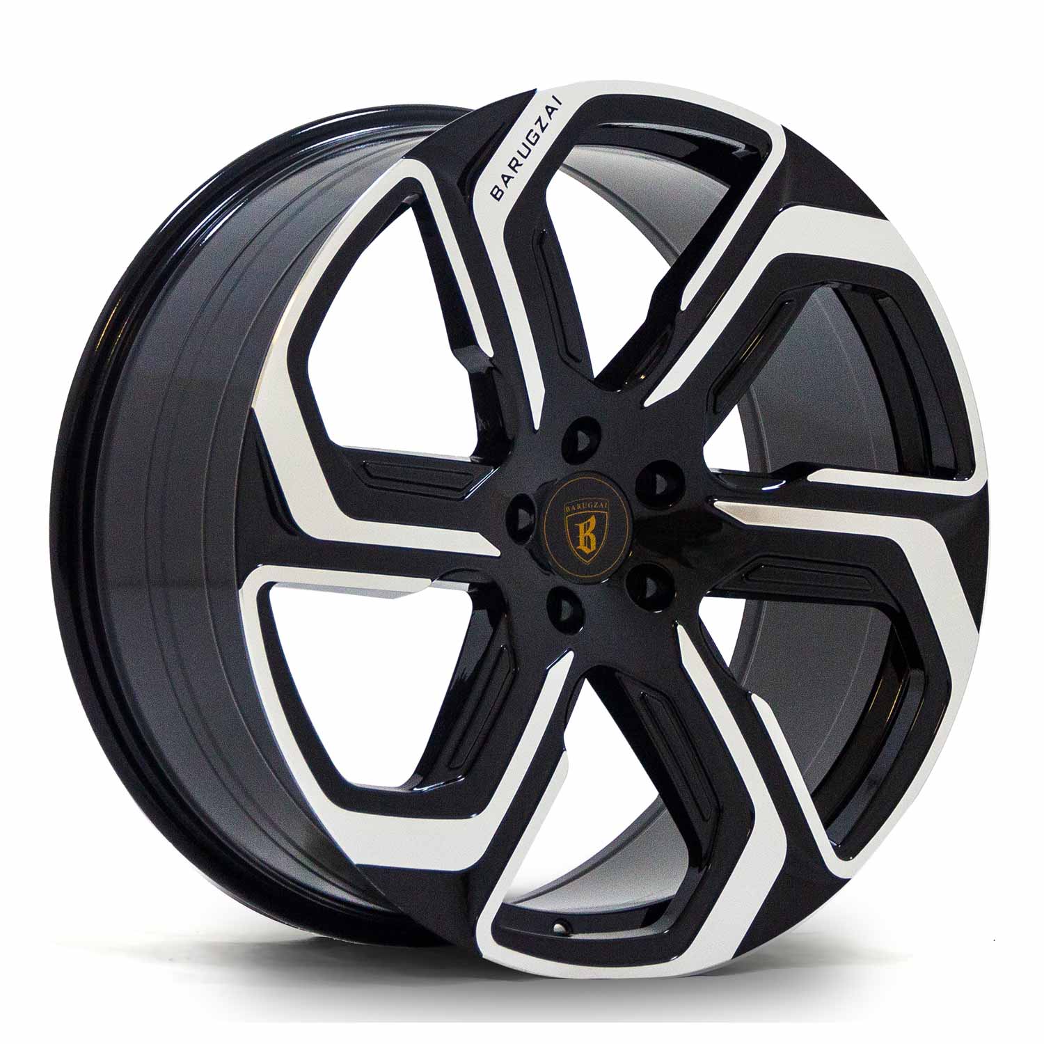 Angle shot of Barugzai Sabre 22" finished in Gloss Black Polished Face, on a white background 