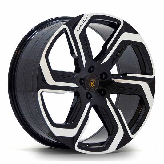 Angle shot of Barugzai Sabre 22" finished in Gloss Black Polished Face, on a white background 