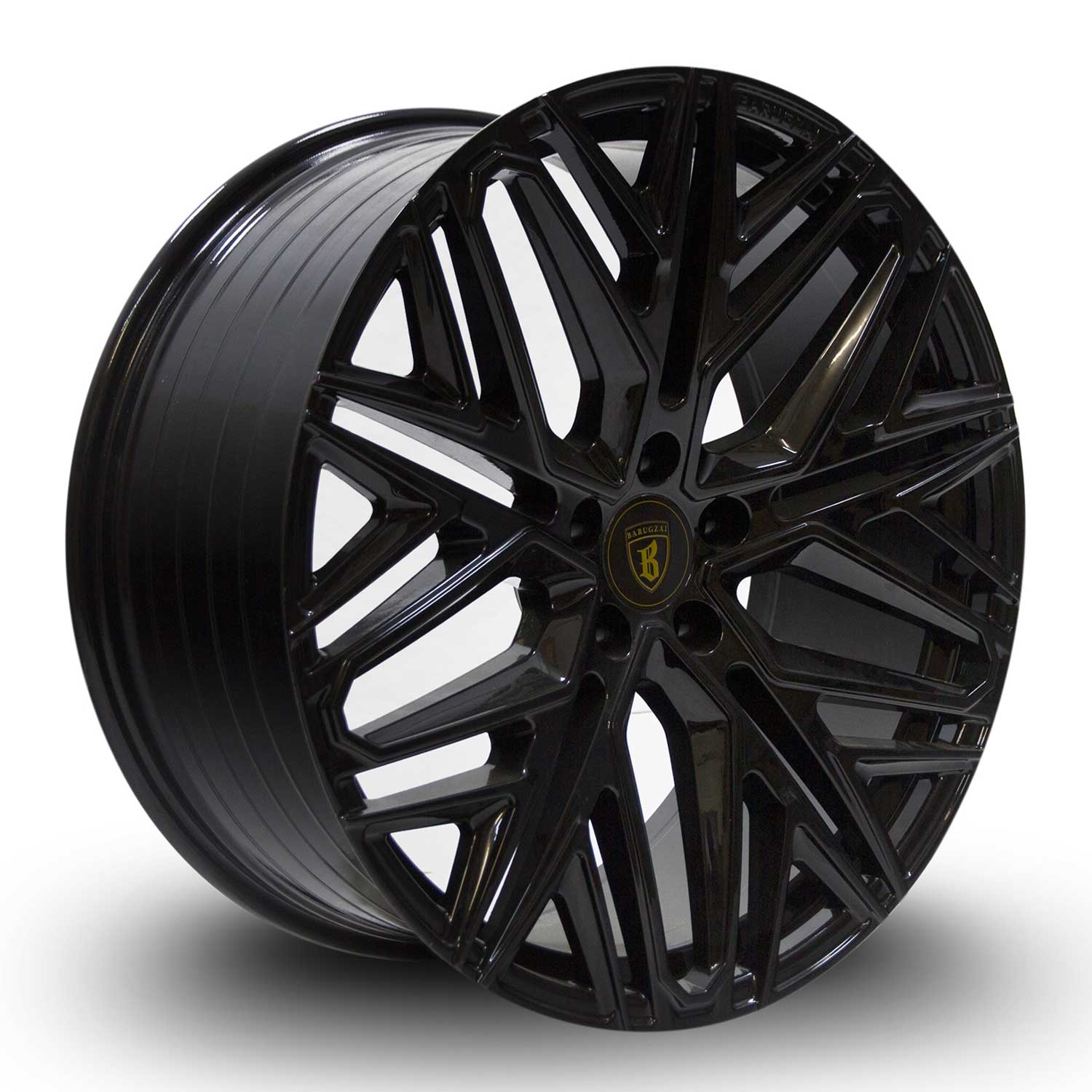 Angle shot of Barugzai Shuracan 22" finished in Gloss Black, on a white background 