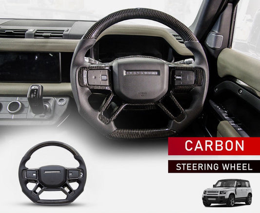 STEERING WHEEL CARBON FIBRE FOR LAND ROVER DEFENDER STYLE 90/110/130 (2020+) with interiors and the product in the bottom with a white background. 