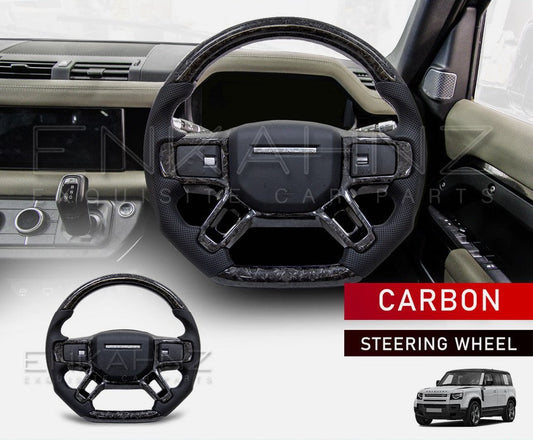 STEERING WHEEL FORGED CARBON FOR LAND ROVER DEFENDER STYLE 90/110/130 (2020+) in an interior shot with the product in the bottom with a white background. 